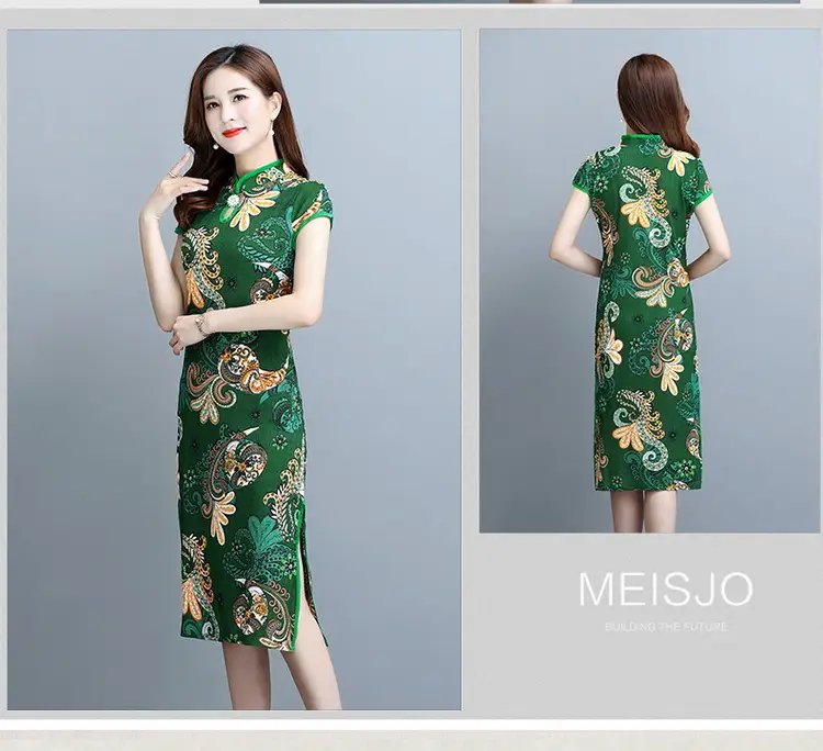 Blue Printed Cheongsam Dress Short Sleeve Slim Fit — feature 5