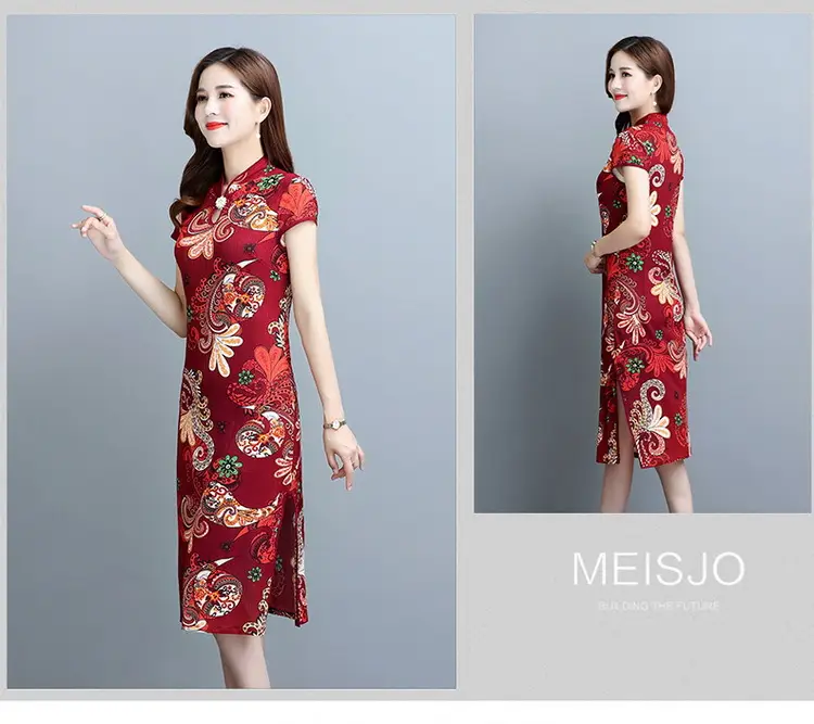 Blue Printed Cheongsam Dress Short Sleeve Slim Fit — feature 6