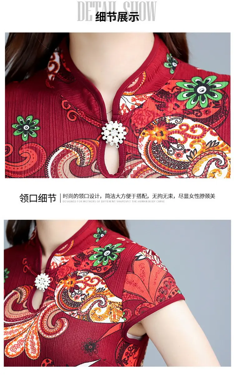Blue Printed Cheongsam Dress Short Sleeve Slim Fit — feature 7