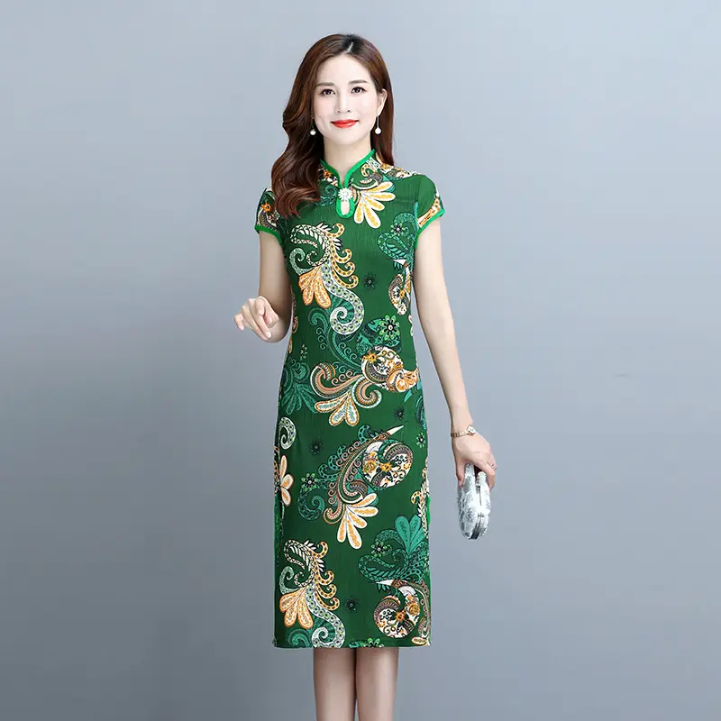 Blue Printed Cheongsam Dress Short Sleeve Slim Fit — feature 9