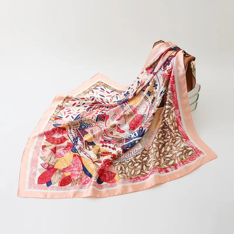 Muslim Women's Silk Satin Plant Flower Scarf