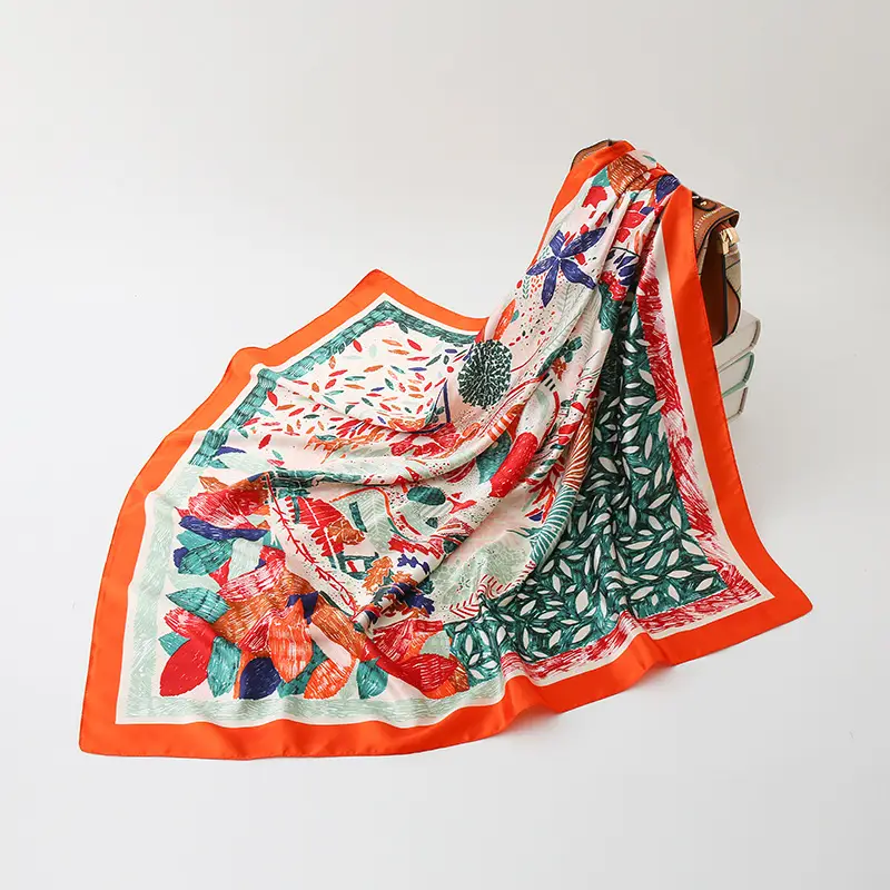 Muslim Women's Silk Satin Plant Flower Scarf
