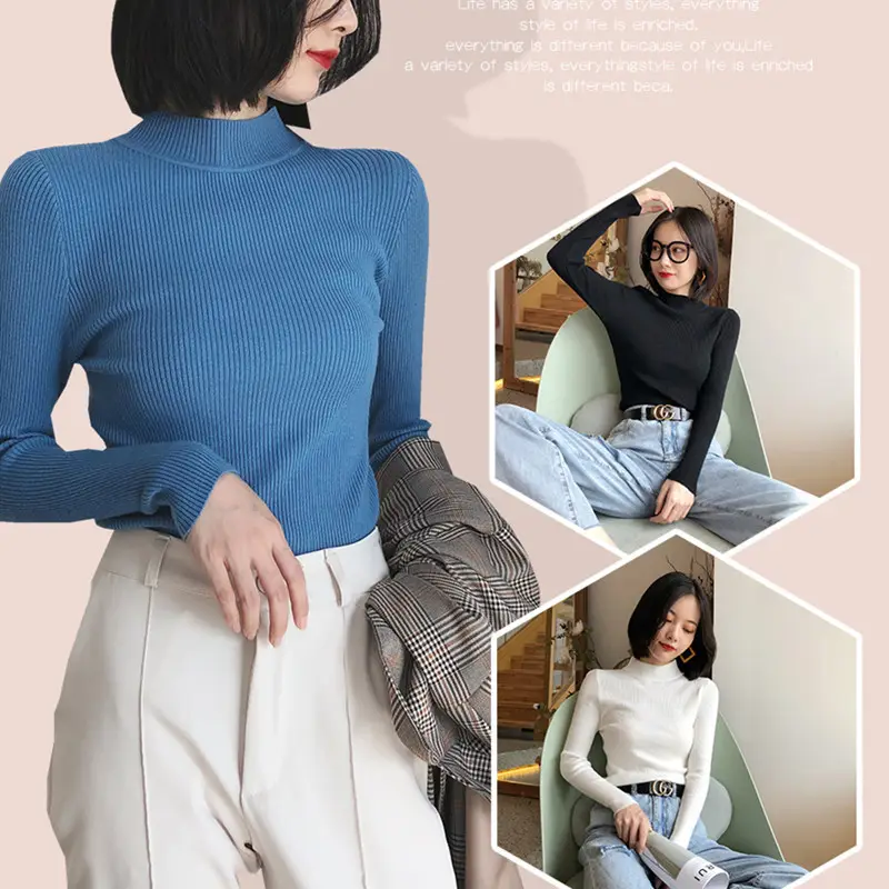 Women's White Ribbed Half Turtleneck Sweater Autumn Winter - Image 17