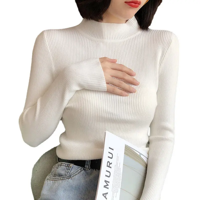 Women's White Ribbed Half Turtleneck Sweater Autumn Winter - Image 20