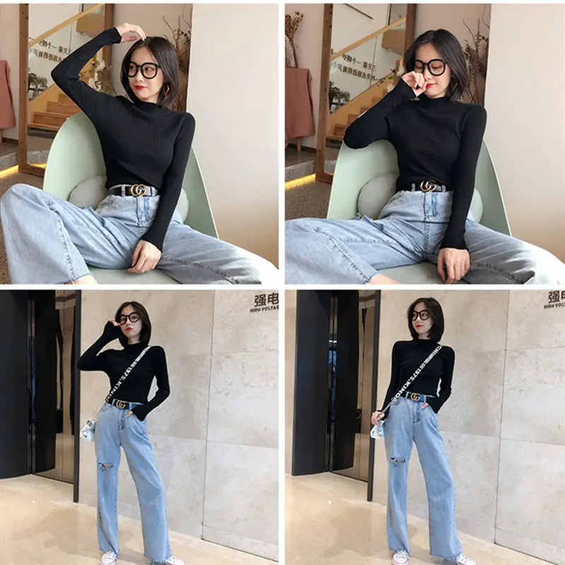 Women's White Ribbed Half Turtleneck Sweater Autumn Winter — feature 10