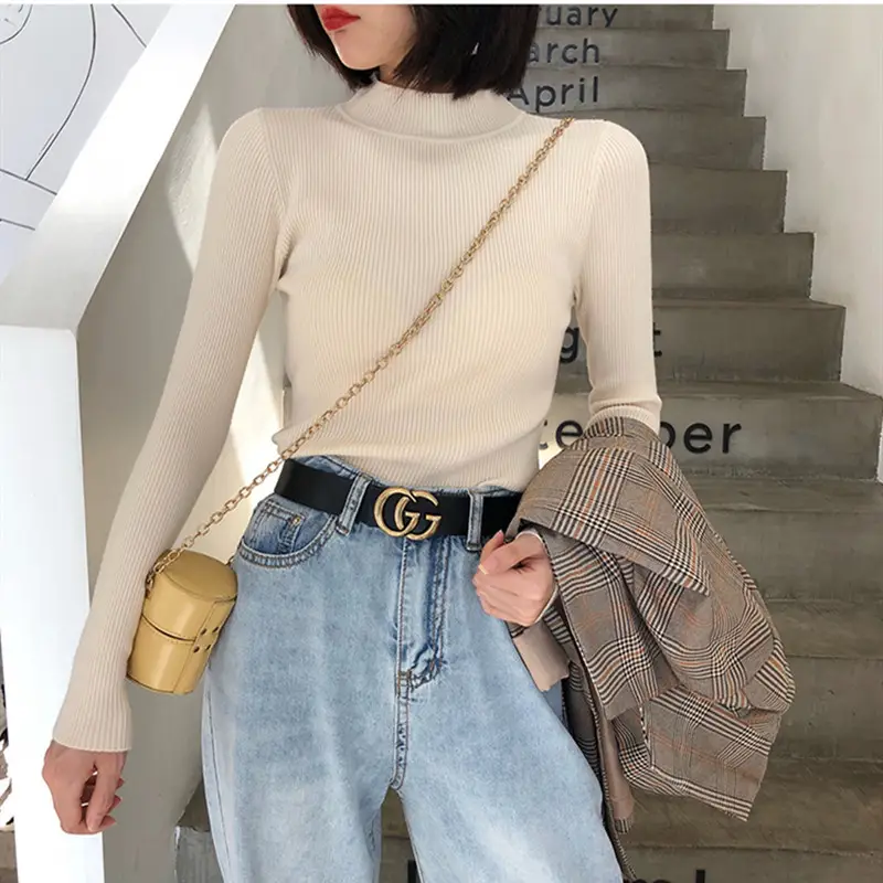 Women's White Ribbed Half Turtleneck Sweater Autumn Winter — feature 11