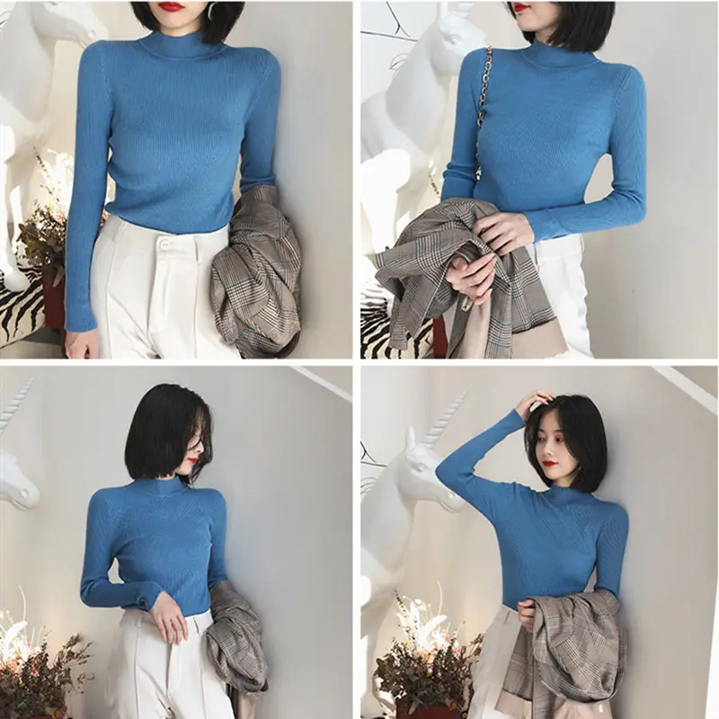 Women's White Ribbed Half Turtleneck Sweater Autumn Winter — feature 13
