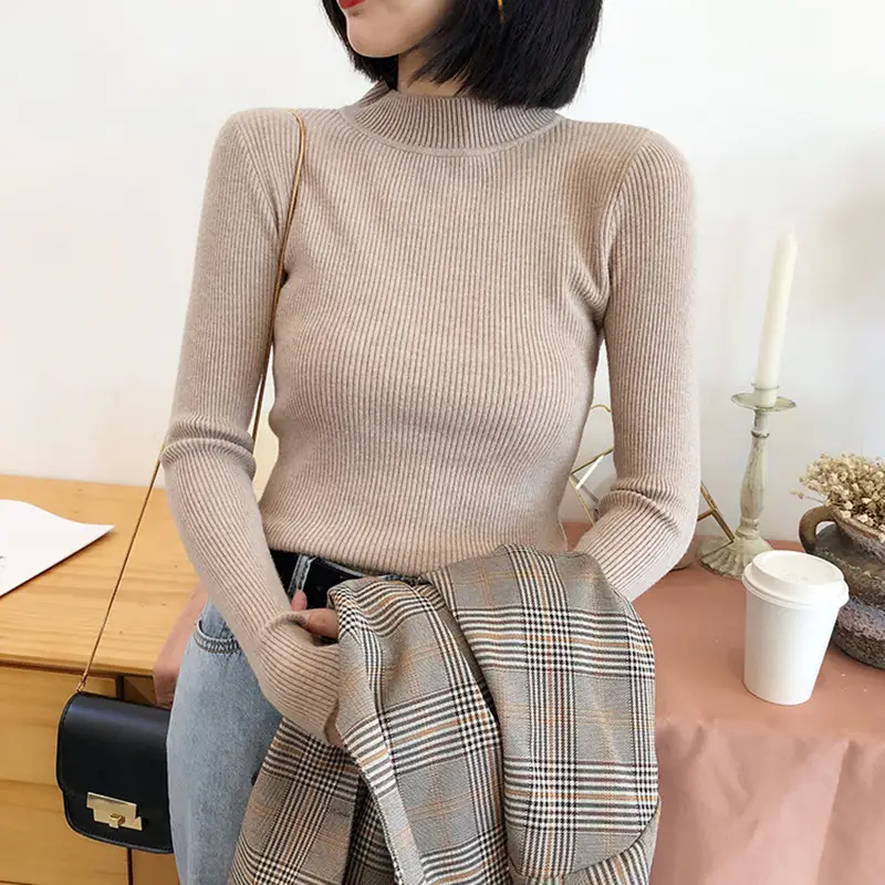 Women's White Ribbed Half Turtleneck Sweater Autumn Winter — feature 14