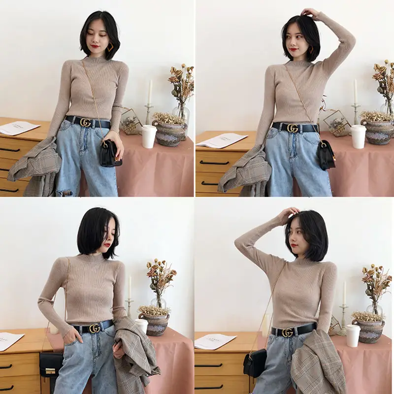 Women's White Ribbed Half Turtleneck Sweater Autumn Winter — feature 15