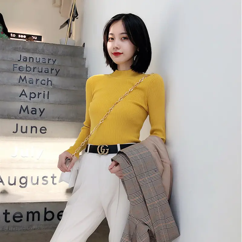 Women's White Ribbed Half Turtleneck Sweater Autumn Winter — feature 16