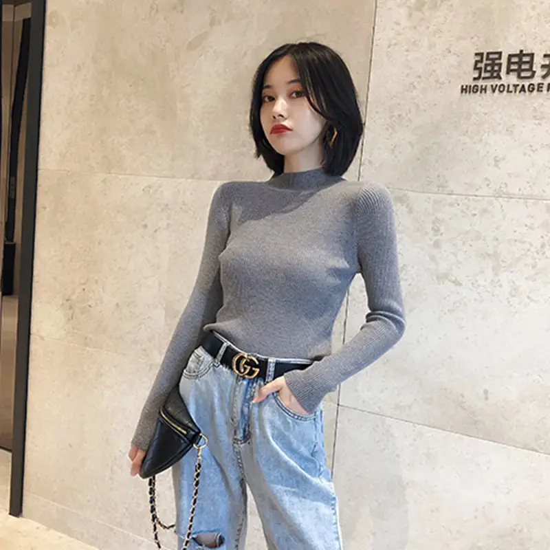 Women's White Ribbed Half Turtleneck Sweater Autumn Winter — feature 17