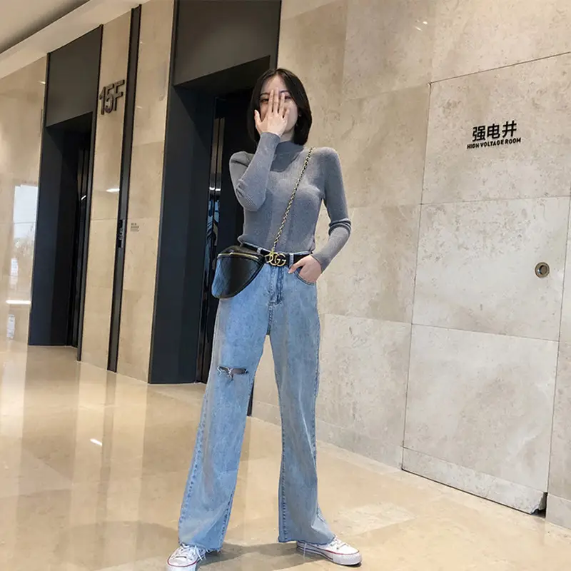 Women's White Ribbed Half Turtleneck Sweater Autumn Winter — feature 18
