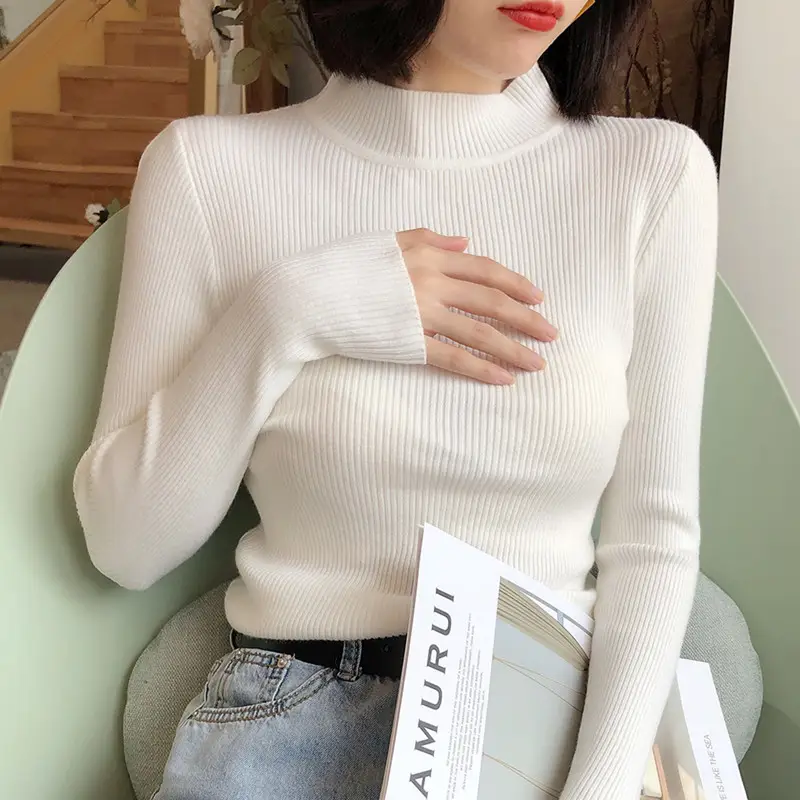 Women's White Ribbed Half Turtleneck Sweater Autumn Winter — feature 3