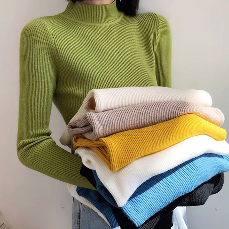 Women's White Ribbed Half Turtleneck Sweater Autumn Winter — feature 6