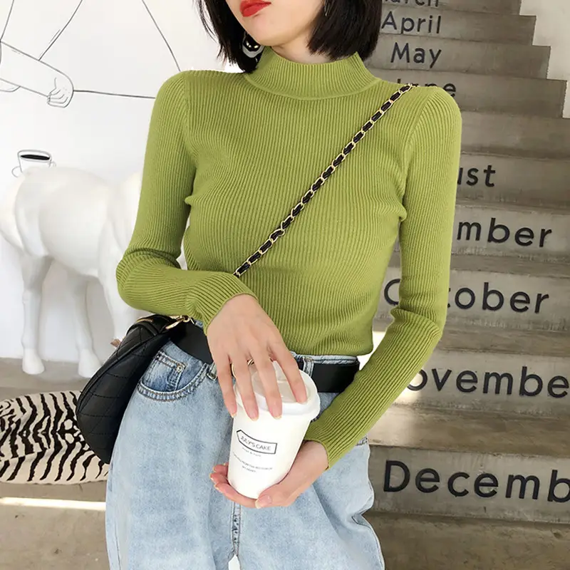 Women's White Ribbed Half Turtleneck Sweater Autumn Winter — feature 7