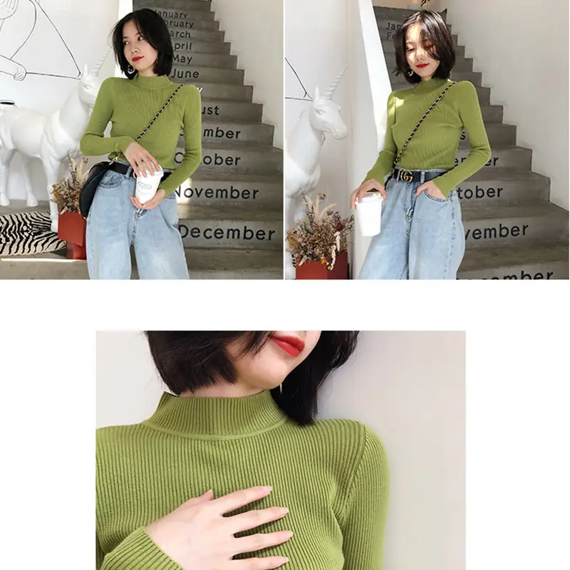 Women's White Ribbed Half Turtleneck Sweater Autumn Winter — feature 8
