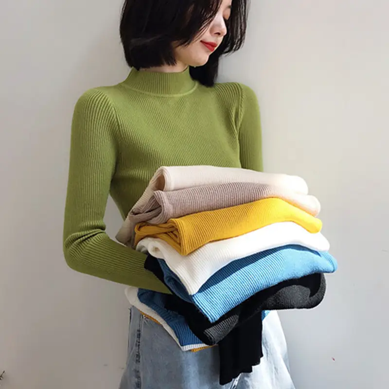 Women's White Ribbed Half Turtleneck Sweater Autumn Winter — feature 9
