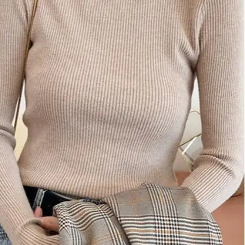 Women's White Ribbed Half Turtleneck Sweater Autumn Winter - Image 2