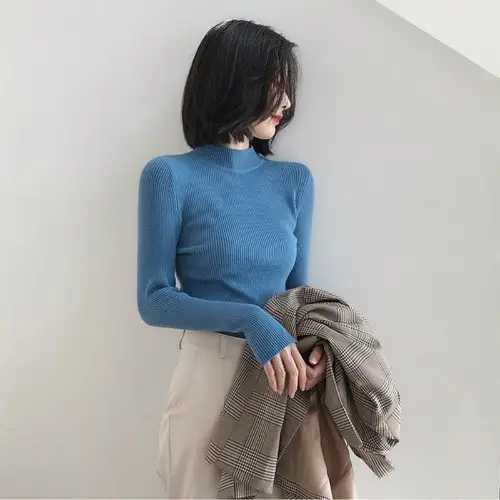 Women's White Ribbed Half Turtleneck Sweater Autumn Winter - Image 8
