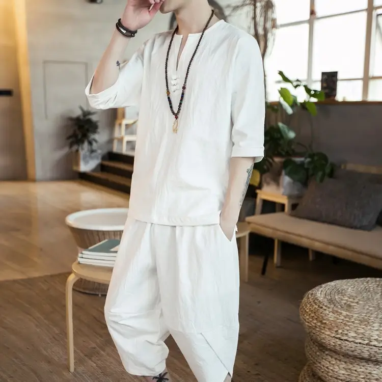 Men Chinese Style Loose T-Shirt Bloomers Cotton Linen 2Pc