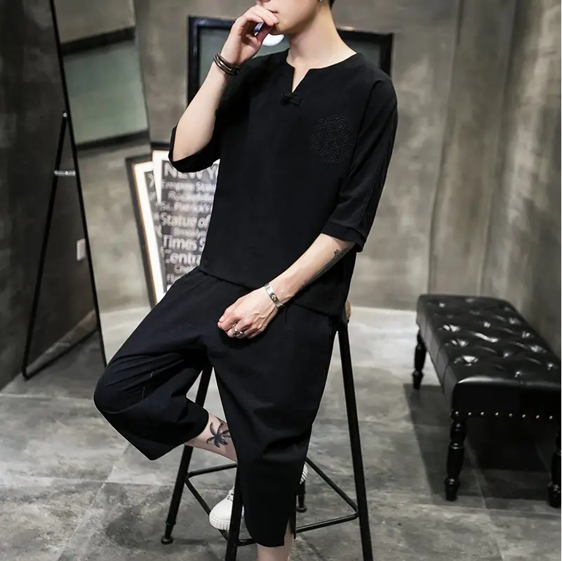 Men Chinese Style Loose T-Shirt Bloomers Cotton Linen 2Pc
