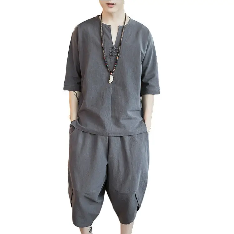 Men Chinese Style Loose T-Shirt Bloomers Cotton Linen 2Pc