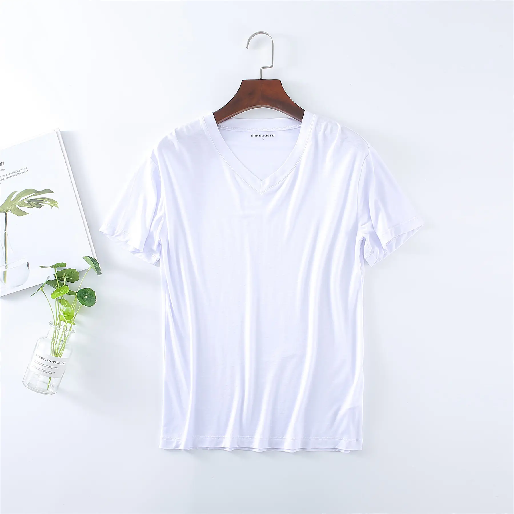 Men's White V-Neck T-Shirt Modal Fabric - Image 2