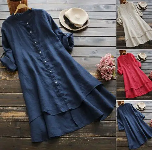 Women Blue Button Long Sleeve Cotton Linen Shirt