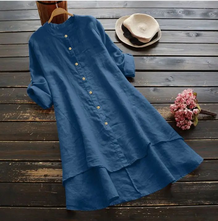 Women Blue Button Long Sleeve Cotton Linen Shirt