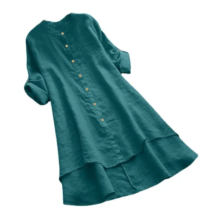 Women Blue Button Long Sleeve Cotton Linen Shirt