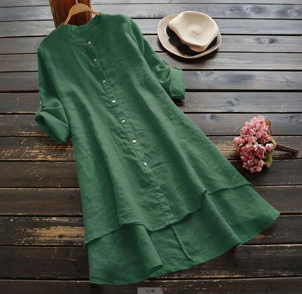 Women Blue Button Long Sleeve Cotton Linen Shirt