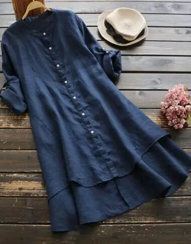 Women Blue Button Long Sleeve Cotton Linen Shirt
