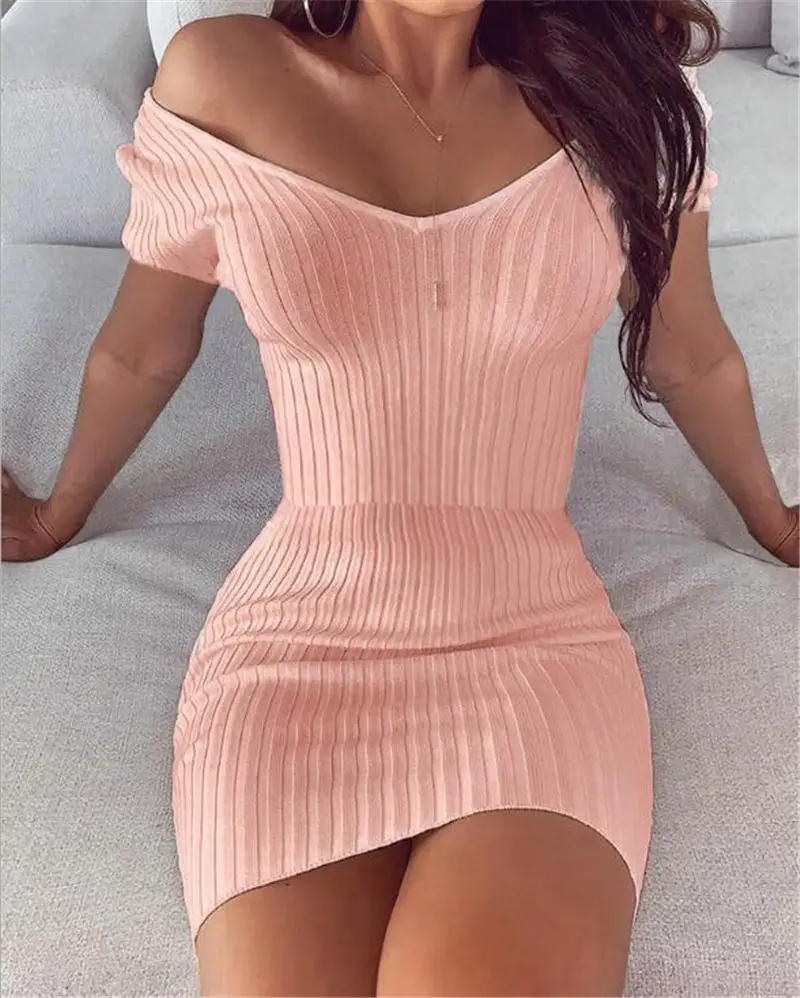 Pink V-Neck Slim Fit Dress with Pit Design - Image 5