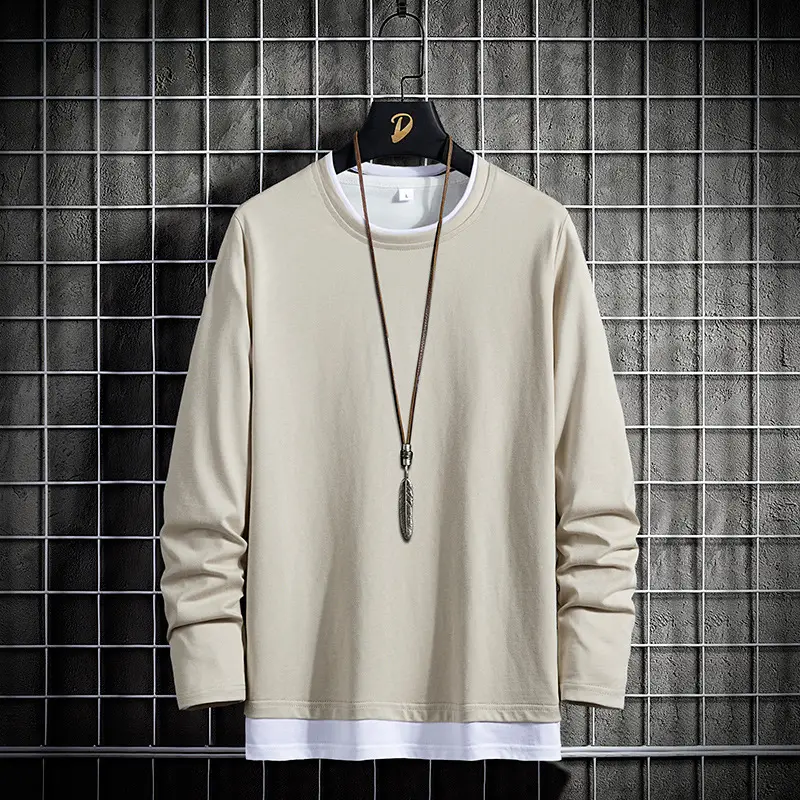 Men Long Sleeve TShirt Pure Cotton Light Blue Round Neck