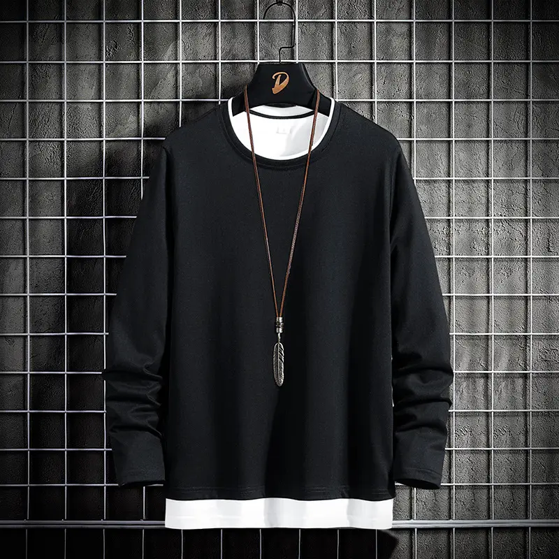 Men Long Sleeve TShirt Pure Cotton Light Blue Round Neck