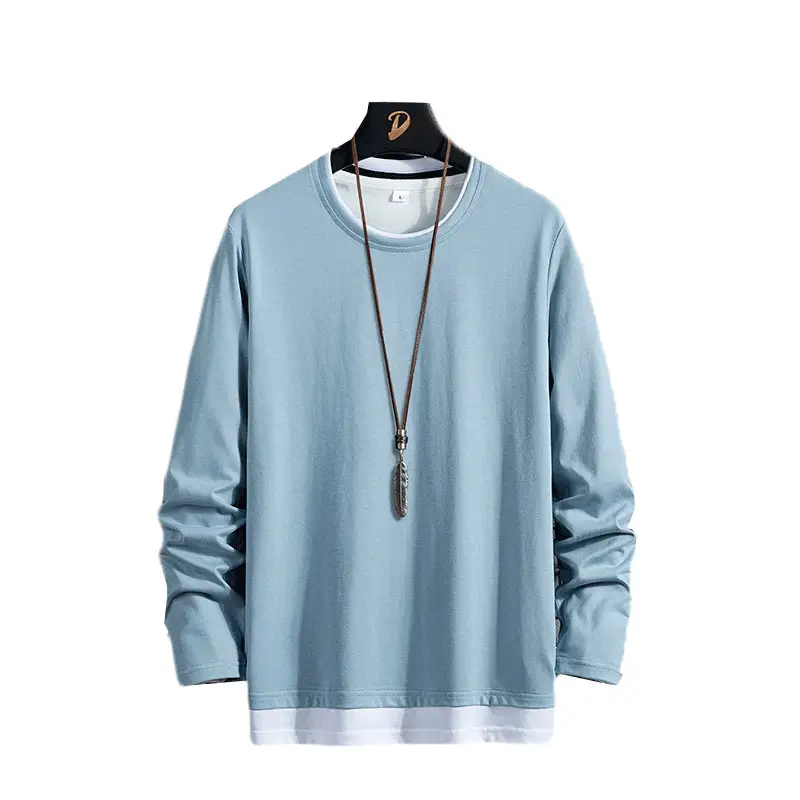Men Long Sleeve TShirt Pure Cotton Light Blue Round Neck