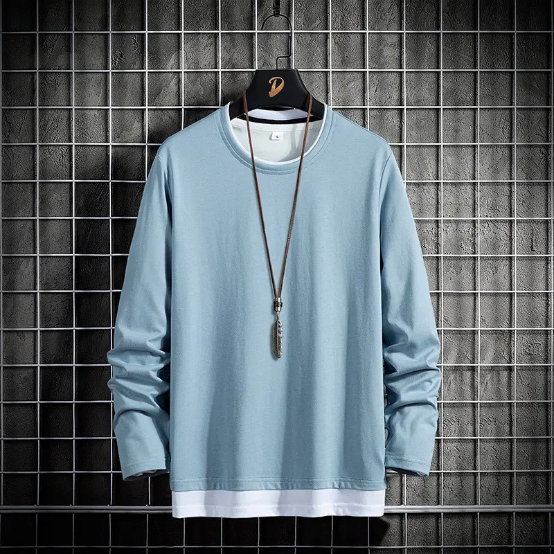 Men Long Sleeve TShirt Pure Cotton Light Blue Round Neck