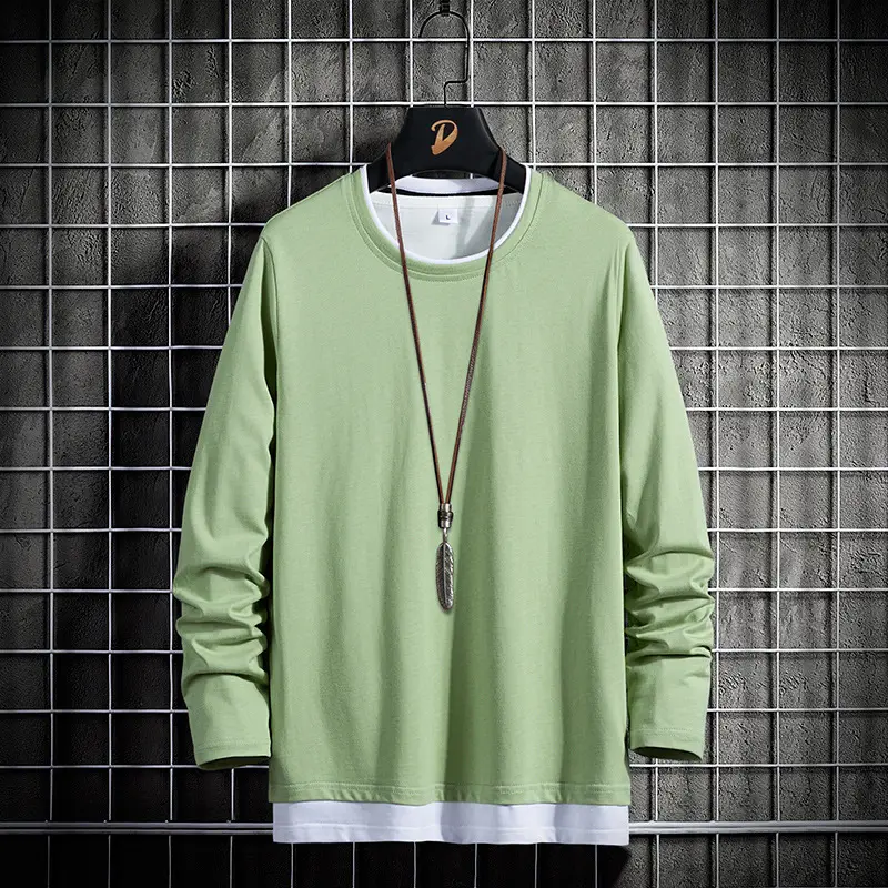 Men Long Sleeve TShirt Pure Cotton Light Blue Round Neck