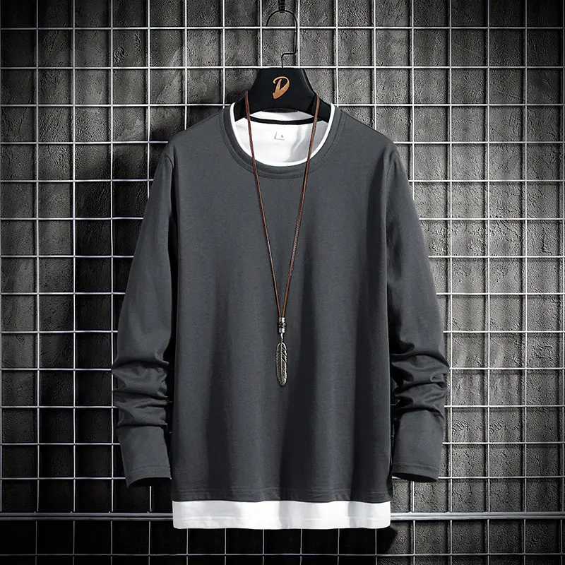 Men Long Sleeve TShirt Pure Cotton Light Blue Round Neck
