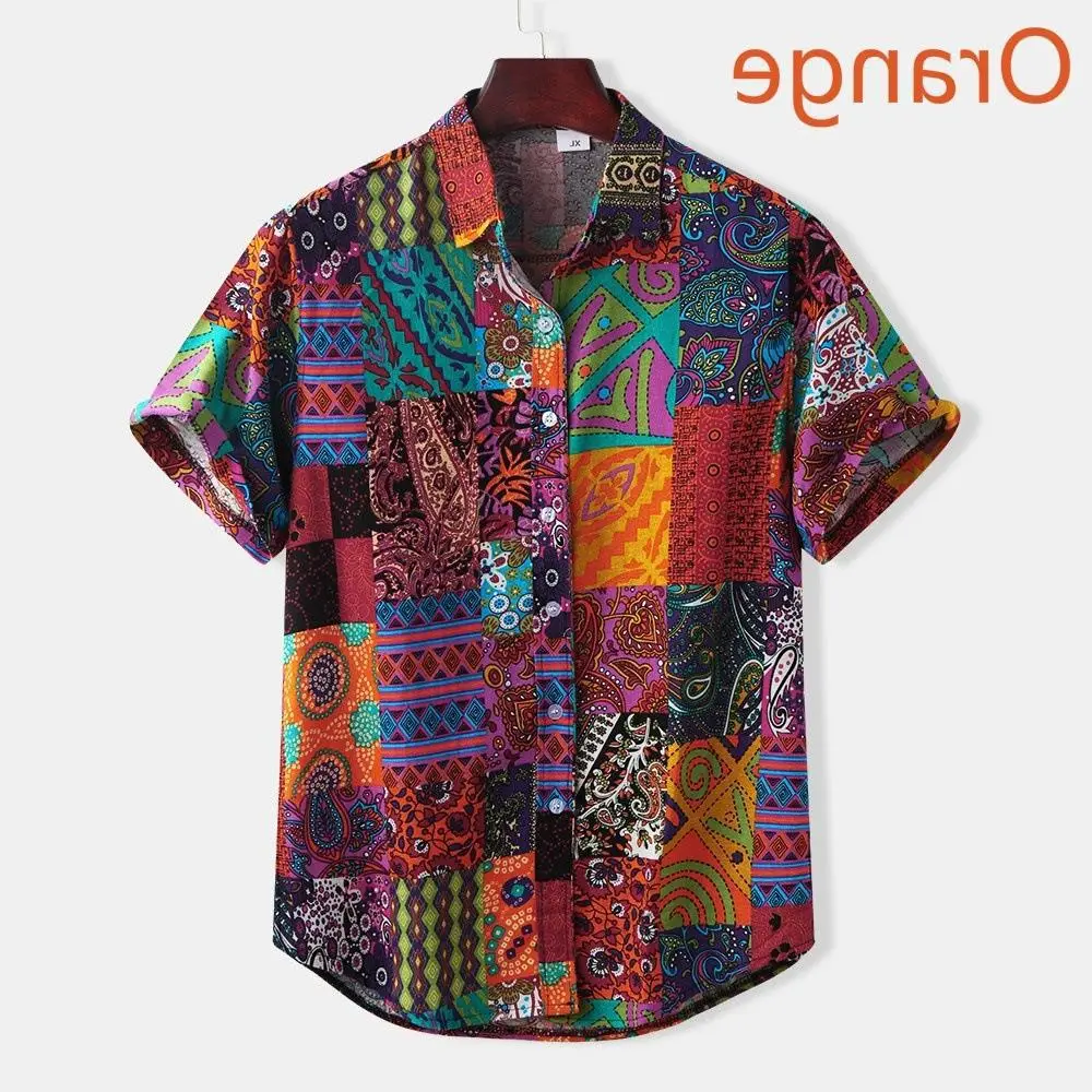 Men Printed Short Sleeve Shirt Orange Elephant Pattern - Image 4