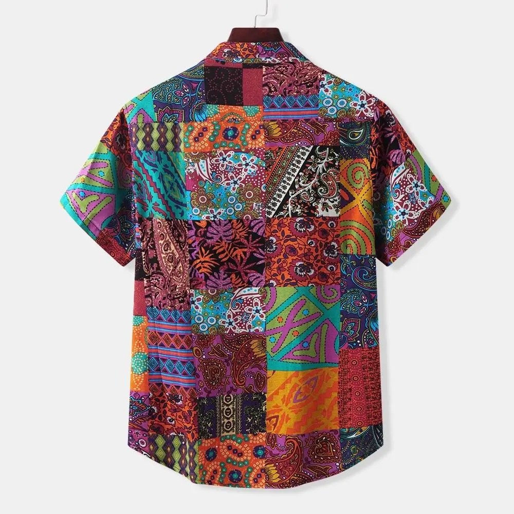 Men Printed Short Sleeve Shirt Orange Elephant Pattern - Image 5