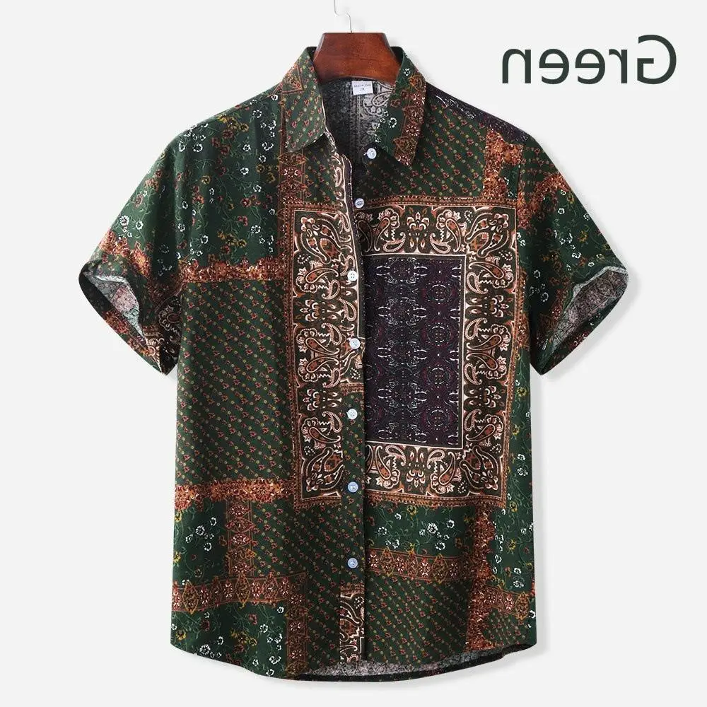 Men Printed Short Sleeve Shirt Orange Elephant Pattern - Image 6