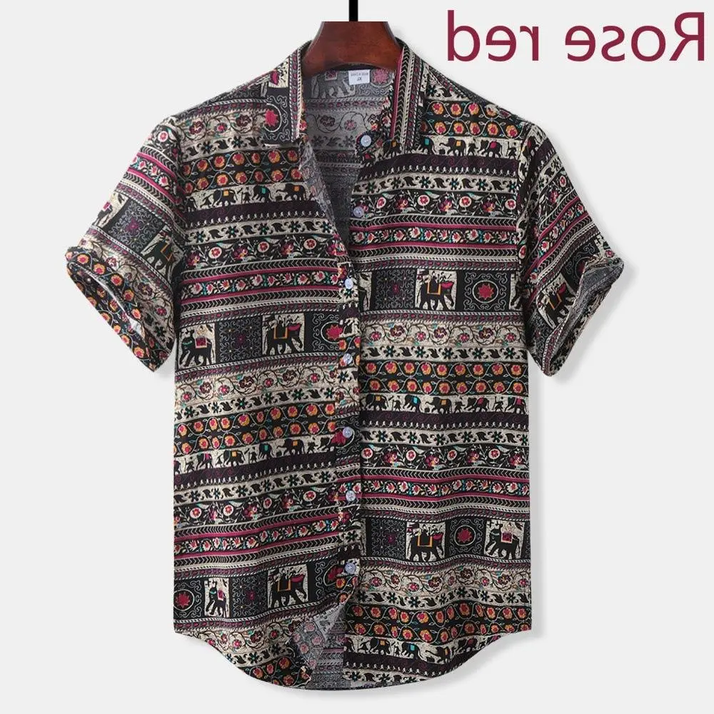 Men Printed Short Sleeve Shirt Orange Elephant Pattern - Image 7