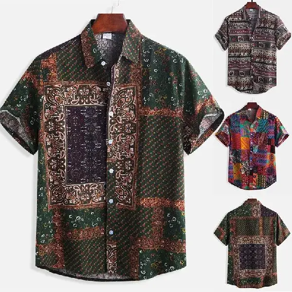 Men Printed Short Sleeve Shirt Orange Elephant Pattern — feature 3