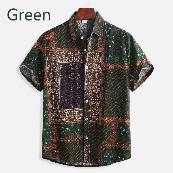 Men Printed Short Sleeve Shirt Orange Elephant Pattern — feature 4