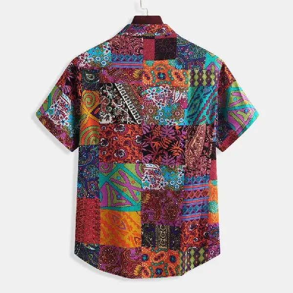 Men Printed Short Sleeve Shirt Orange Elephant Pattern — feature 5