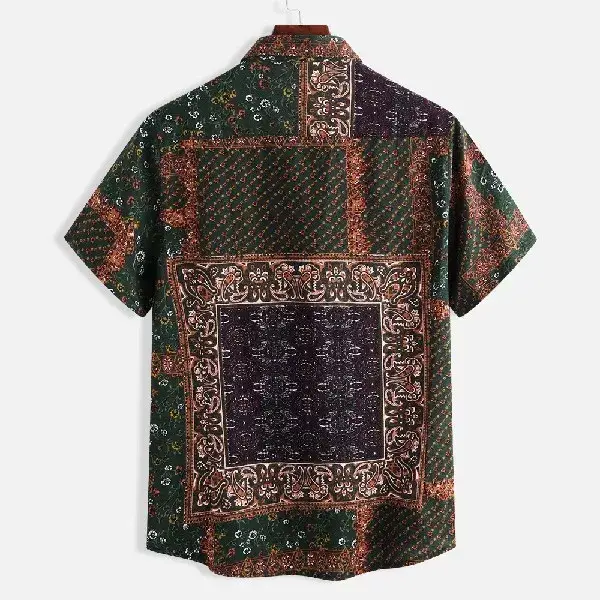Men Printed Short Sleeve Shirt Orange Elephant Pattern — feature 6