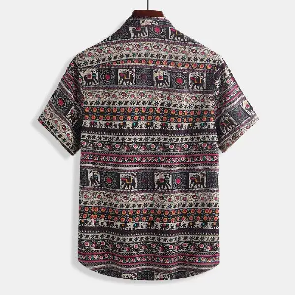 Men Printed Short Sleeve Shirt Orange Elephant Pattern — feature 7
