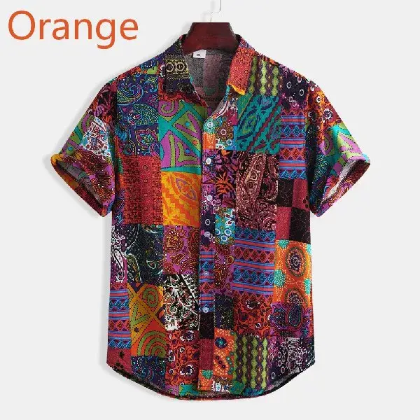 Men Printed Short Sleeve Shirt Orange Elephant Pattern — feature 8