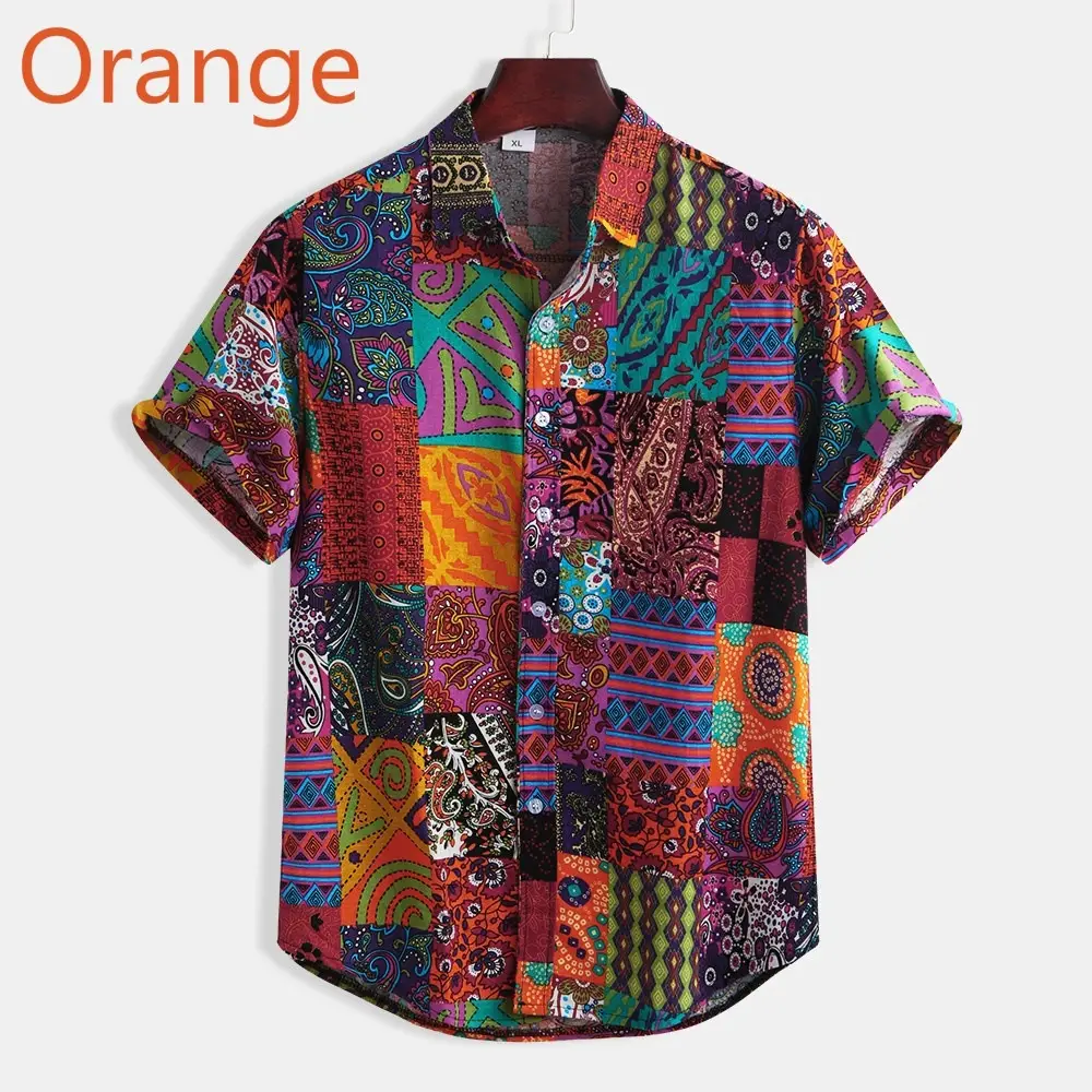 Men Printed Short Sleeve Shirt Orange Elephant Pattern - Image 2